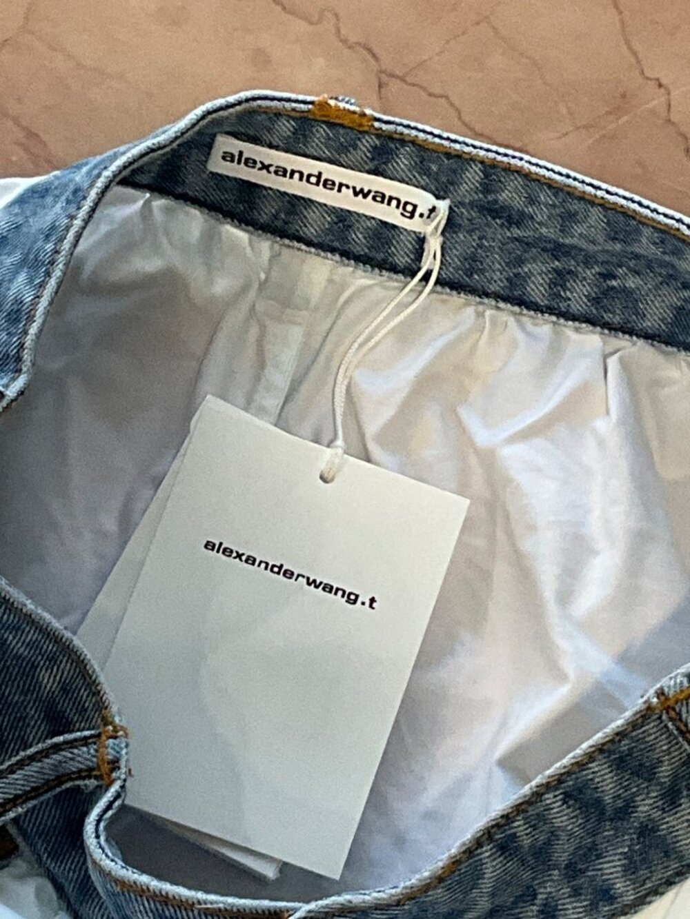 Alexander Wang Denim Waistband Shorts in Oxford Blue White 2 Womens - Picture 10 of 11